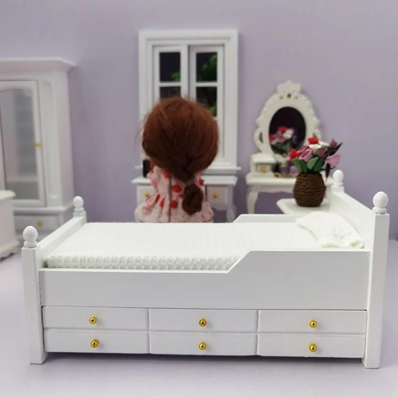 1:12 Dollhouse Miniature Wood Bed With Drawer Bedroom Simulation Furniture Model Mini Doll House |