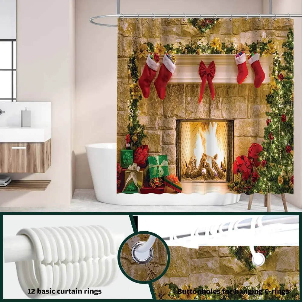 Рождественский камин душевая занавеска с крючками зимний интерьер