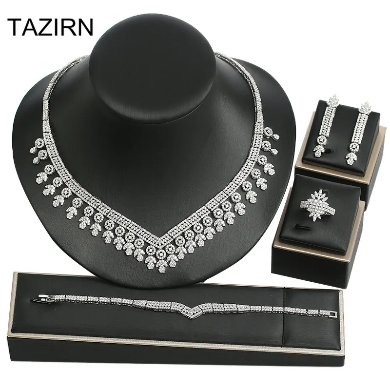 

Сверкающий кристалл ожерелье браслет серьги кольца полный комплект ювелирных изделий для свадебной вечеринки выпускного вечера кубическо...