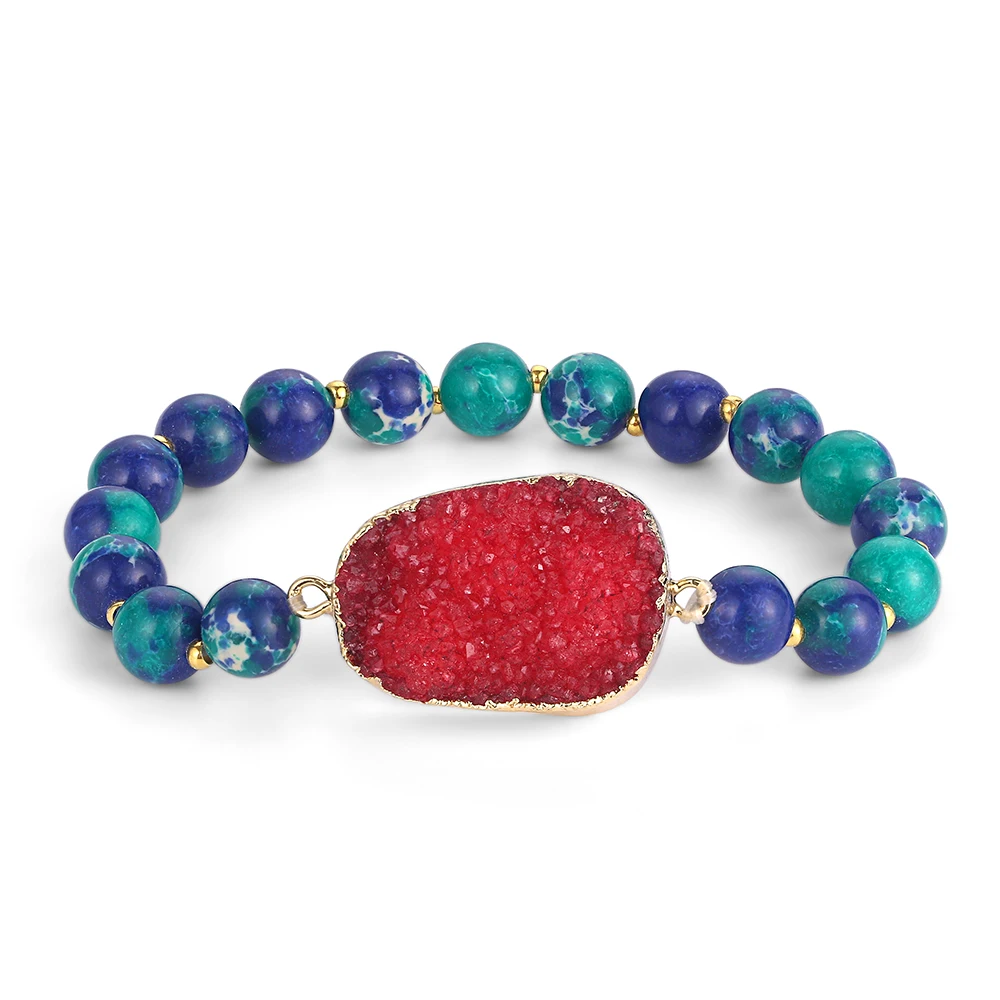 Red Druzy Браслеты ShinyGem Yoga с натуральным камнем 8 мм синий зеленый морской осадочный Jaspers браслеты из бисера золотые браслеты ручной работы для женщин - Окраска металла: Red Druzy