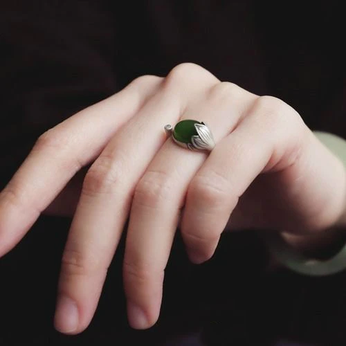 

Natural Hetian jasper plant open ring Chinese style retro Thai silver bohemian elegant romantic charm women's brand jewelry