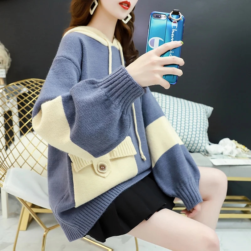 Women Knitted Sweater And Pullovers Korean Fashion Style Hooded Sweaters Autumn Winter 2019 New Pocket | Женская одежда