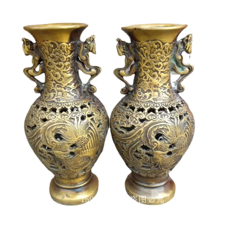 

Antique Bronze Miscellaneous Collection Antique Old Bronze Hollow Dragon and Phoenix Vase a Pair of Pure Copper Old Objects