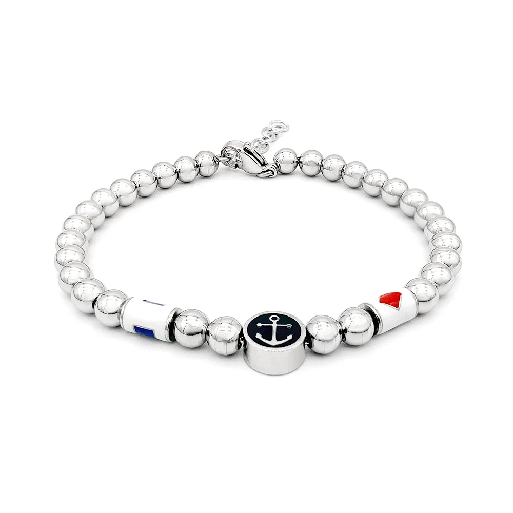 

Runda Stainless Steel Bracelet for Men Anchor Parts with Beaded Chain Adjustable 22cm Handmade Men's Beads Bracelet