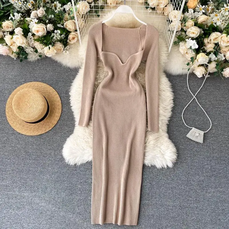 

Dresses For Women 2021 Sexy Strapless Ribbed Knitted Bodycon Dress Women Winter Long Sleeve Sweater Dress Clothes