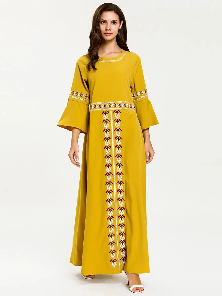

Fashion Abaya Women Long Maxi Dress Embroidery Muslim Kaftan Islamic Cocktail Robe Gown 3/4 Sleeve Dress Yellow O-neck Dress New