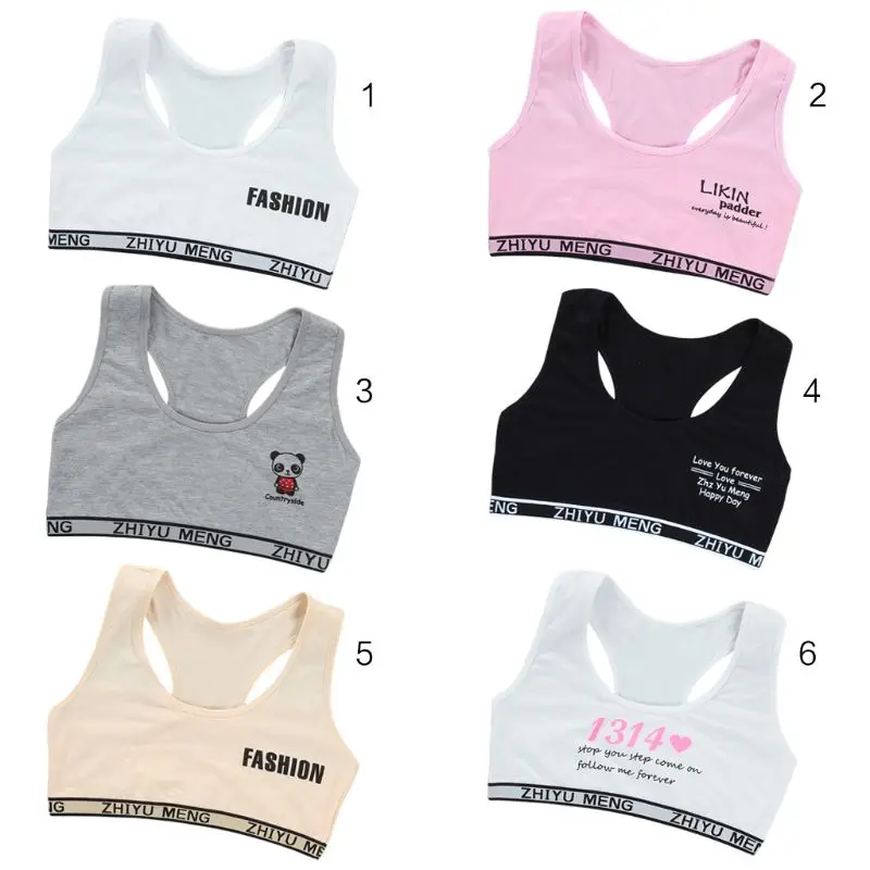 

Junior Girl Racerback Cotton Sport Training Bra Letter Print Solid Color Wide Strap Underwear Bralette Seamless Layered Crop Top