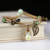 fashion delicate hand woven ceramic beaded bracelet alloy leaves pendant chinese style bracelets jewelry