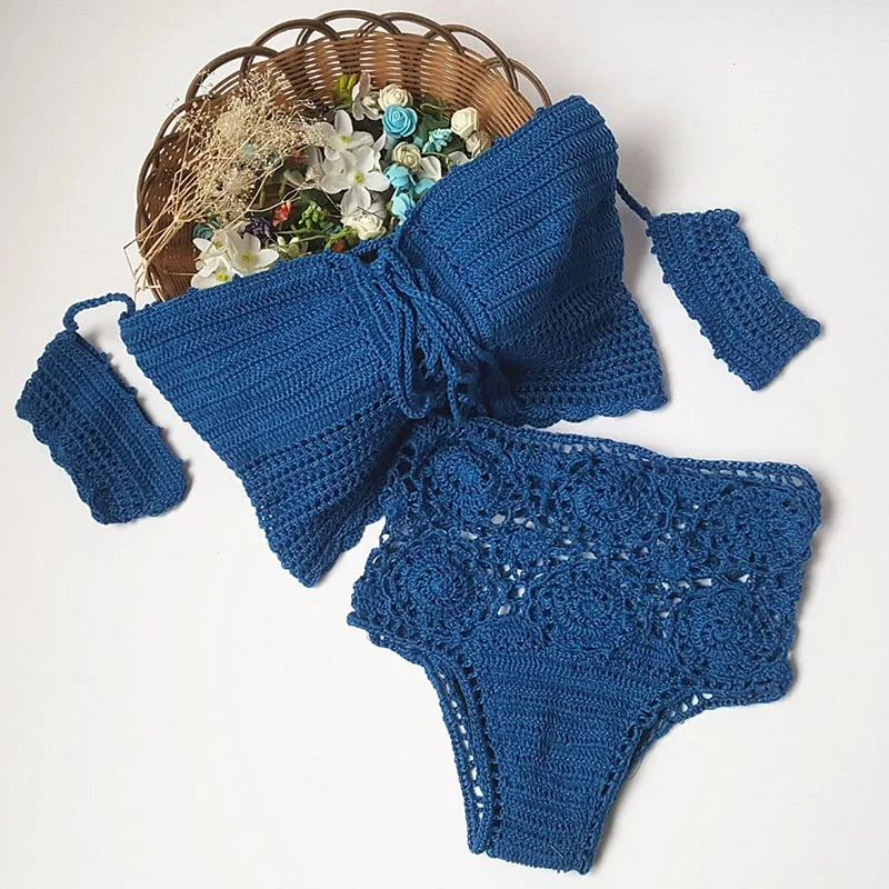 

One-Shoulder Ladies Split Swimsuit Hollow Crochet High-Waist Bikini With Ruffled Lace-Up Casual Fashion High-Waist Beach Suit