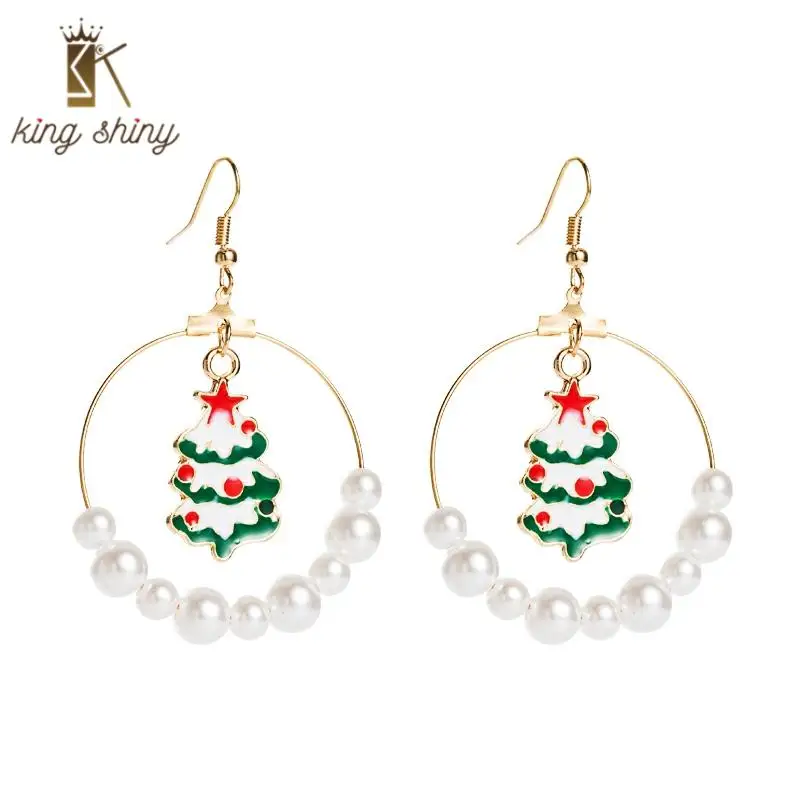 

Lovely Christmas Tree Dangle Earrings for Woman Vintage Geometric Round Circle Simulated Pearl Christmas Earrings Gift for Girls
