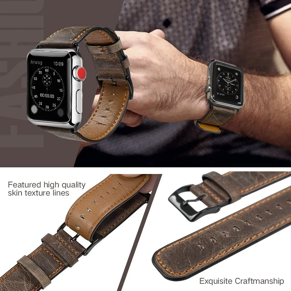 Ремешок из коровьей кожи в стиле ретро для Apple watch ремешок 44 мм 40 iWatch 42 38 браслет