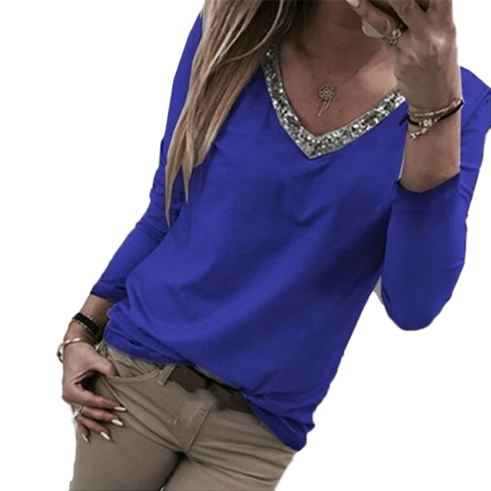 Осенняя Сексуальная Женская Повседневная блуза с v образным вырезом и блестками