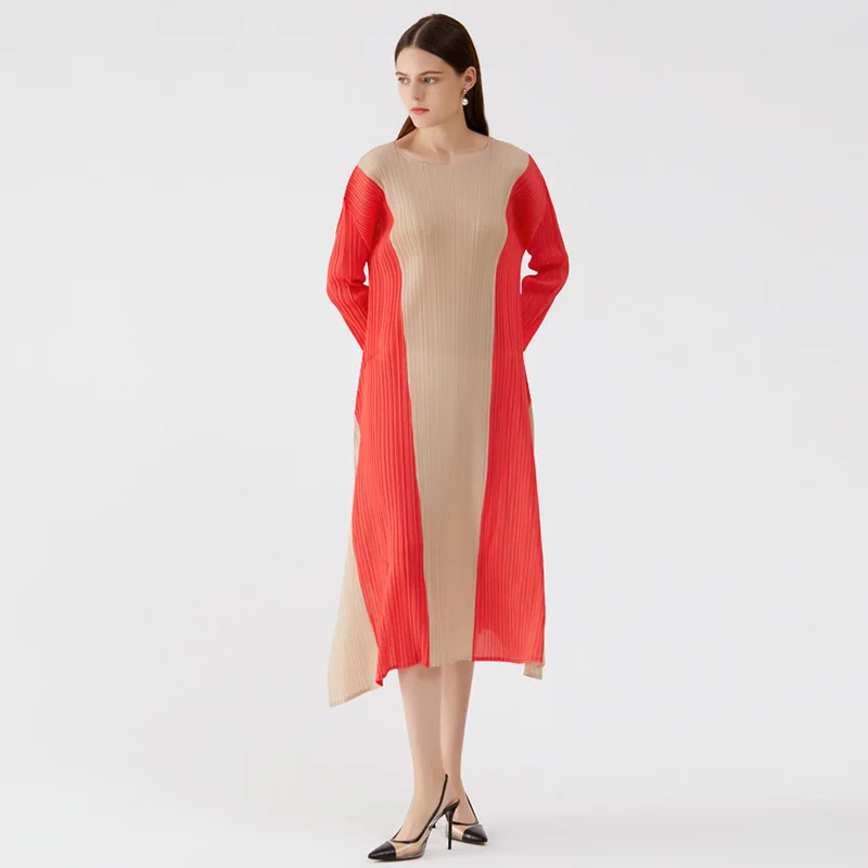 

Changpleat 2021 New Fall Miyak Pleated dresses for women Fashiom O-neck Long Sleeve Loose plus size Color block A-line dress
