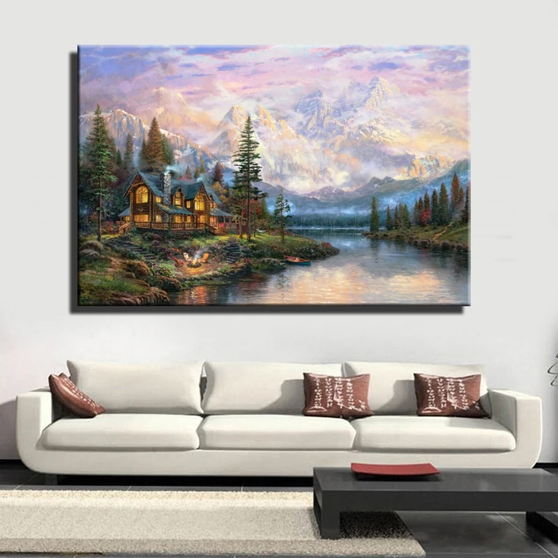 

Pastoral Style Landscape Canvas Painting Cathedral Mountain Lodge Poster By Thomas Kinkade Wall Art Picture Living Room Decor