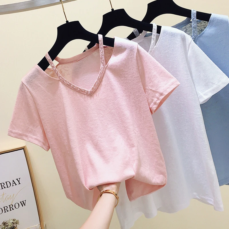 Футболка женская с V-образным вырезом модный топ бисером Повседневная рубашка в