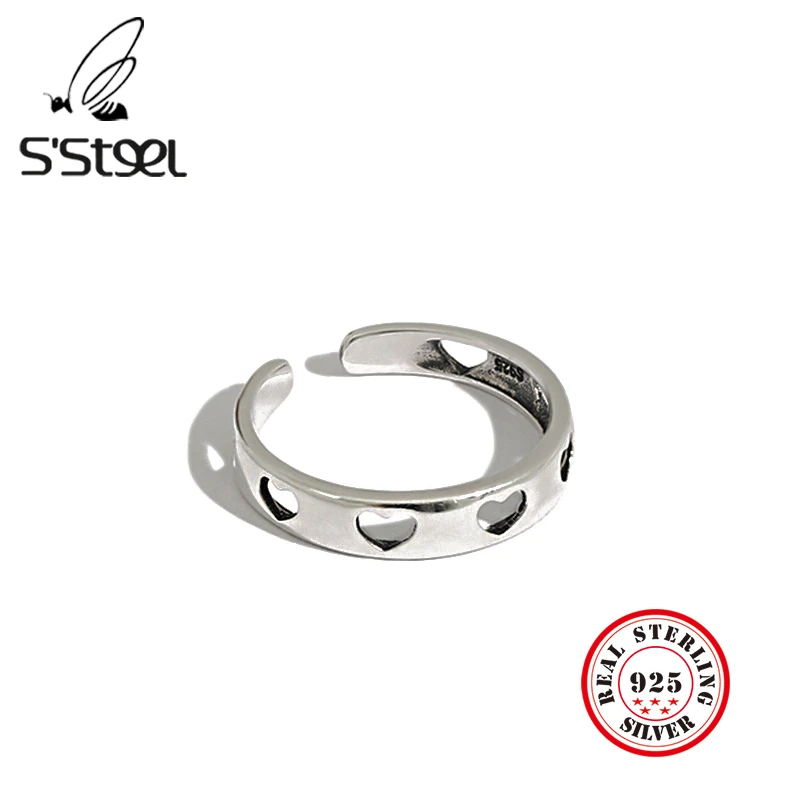 

S'STEEL Heart Ring 925 Sterling Silver Gift For Women Korean Minimalist Retro Opening Ring Anillos De Plata 925 De Ley Jewelry