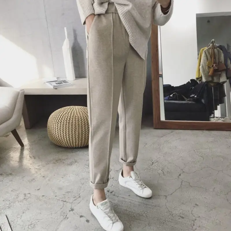 

Winter Thick Wool Harem Pants women Autumn Oatmeal Plus Size Carrot Pants Post Office Loose Casual Straight suit Trousers