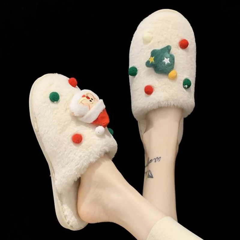 

Winter Home Christmas Furry Slippers Santa Claus Soft Plush Slipper Lovers Indoor Floor Warm Bedroom Flat Fur Shoes Gift Velvet