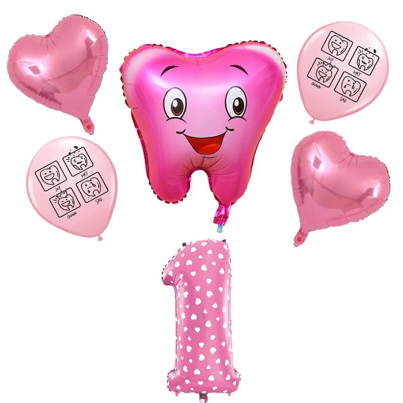 

6pcs Blue Pink Cartoon Teeth Theme Ballons Expression Smile Face Tooth Latex Balloons Number 1-9 Birthday Party Decor Kids Toys