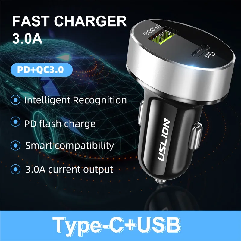 USLION 36 Вт Быстрая зарядка 3,0 USB Автомобильное зарядное устройство для iPhone 11 Pro 11Pro Max huawei PD3.0 type C быстрая зарядка автомобильное USB C зарядное устройство для телефона