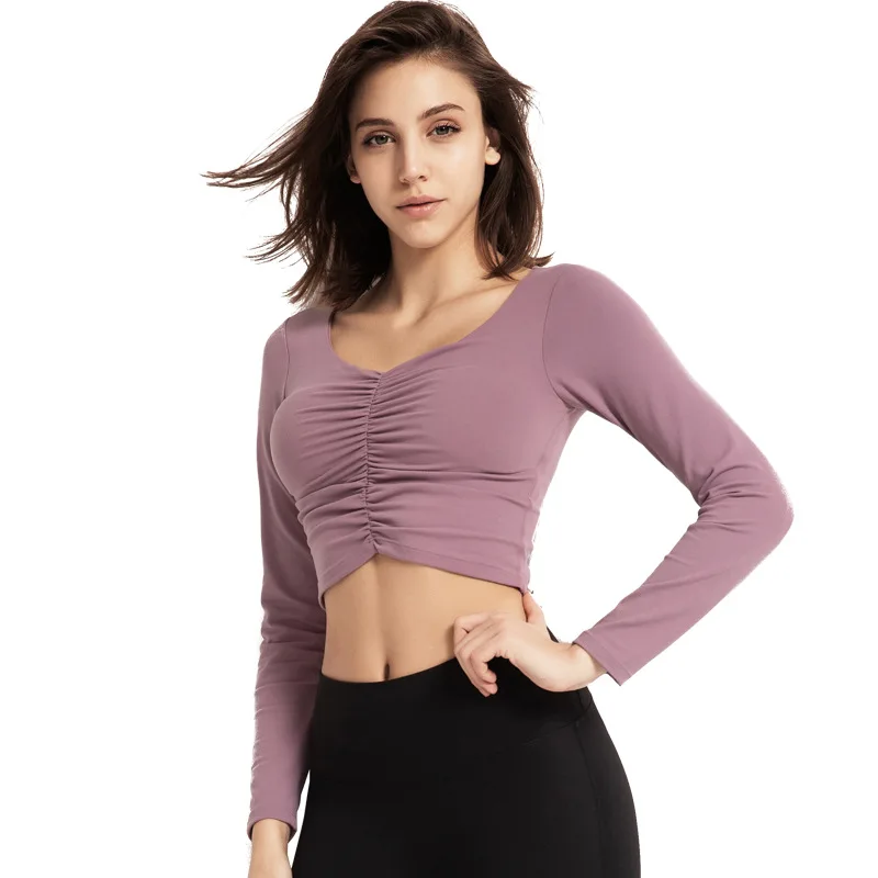 

Women's shirt Sportswear yoga crop top long sleeve navel tight top sports T-shirts for Women fitness With chest pad