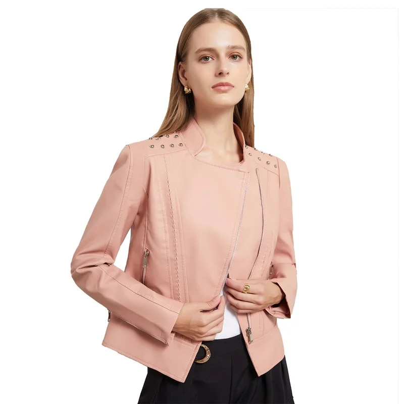 

WEPBEL Women Fashion PU Leather Jacket Slim Short Overcoat Blazer Zipper Biker Coat Punk Motorcycle Rivet Jacket Street Girl Top