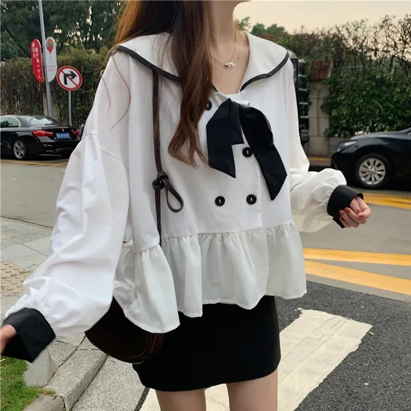 

QWEEK Kawaii Women Blouse with Bow White Sailor Collar Button Up Shirt Soft Girl Preppy Style 2021 Fashion Mori Female Cute Top