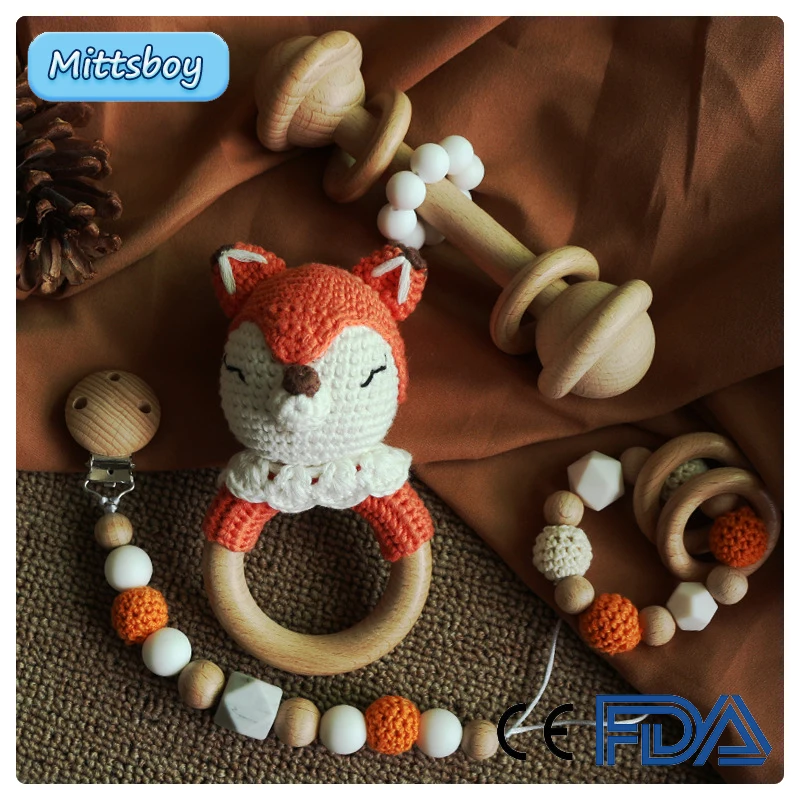 

New DIY Baby Food Grade Beech Cute Fox Teether Pacifier Clips Chain Beech Rodent Ring Baby Nursing Rattle Silicone Bead Toy Gift