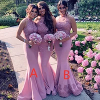 dusty pink bridesmaid dresses mermaid satin applique high neck backless wedding guest gown brush tail vestido de noiva custom %e3%80%80