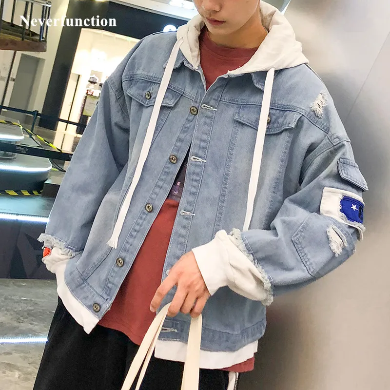 Мужская Осенняя джинсовая куртка с капюшоном однотонная Повседневная имитацией