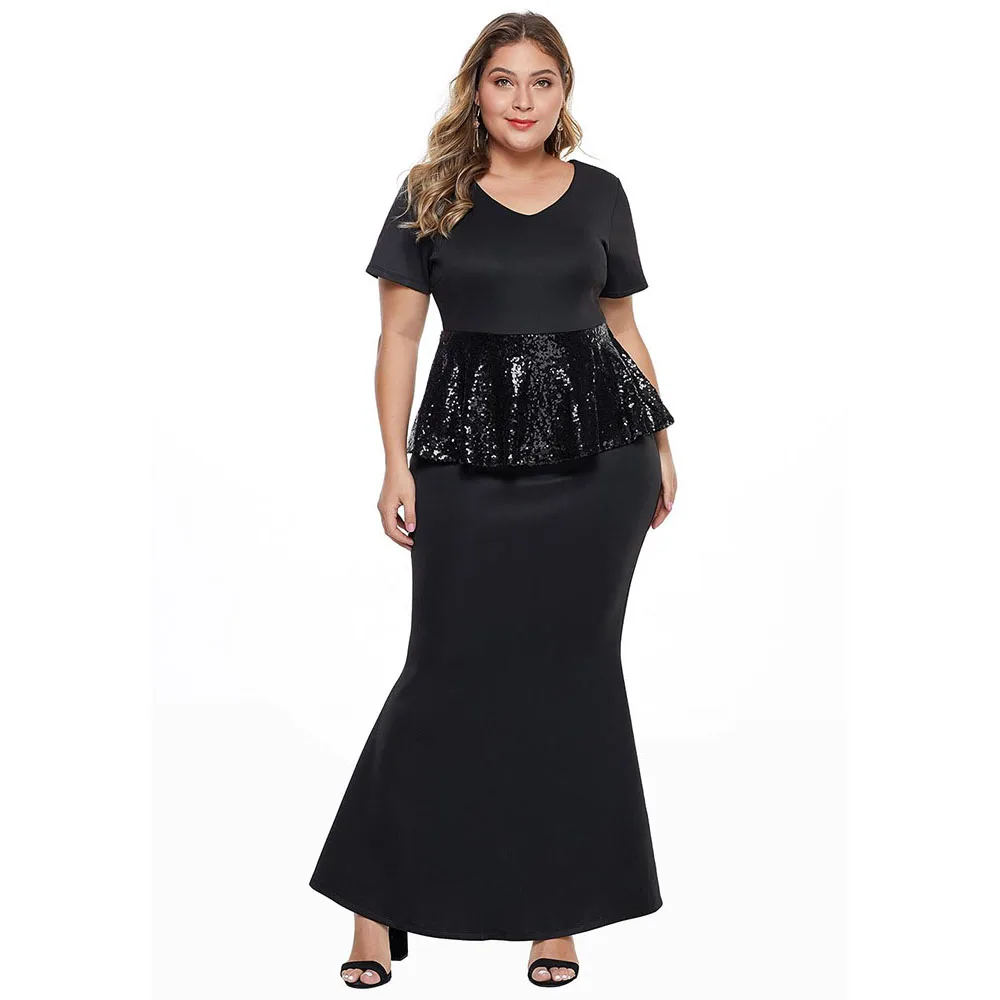 Black Dress SEBOWEL, женские вечерние платья с пайетками размера плюс, Платье макси с высокой талией, Женские Элегантные платья бодикон с коротким рукавом - Цвет: Black Dress