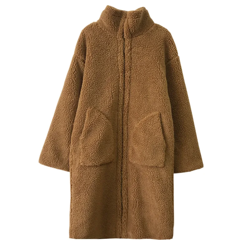 

New Winter Vintage Women Cashmere Coat Zipper Mid-Length Baggy Manteau Oversize Femme Fleece Thick Warm Fur Jacket Ropa Mujer