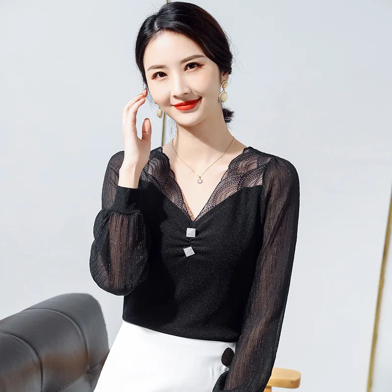 

New 2021 Spring Women Tops Fashion Sexy V-Neck Long Sleeve Mesh T-Shirt Elegant Slim Patchwork Black tshirt blusas