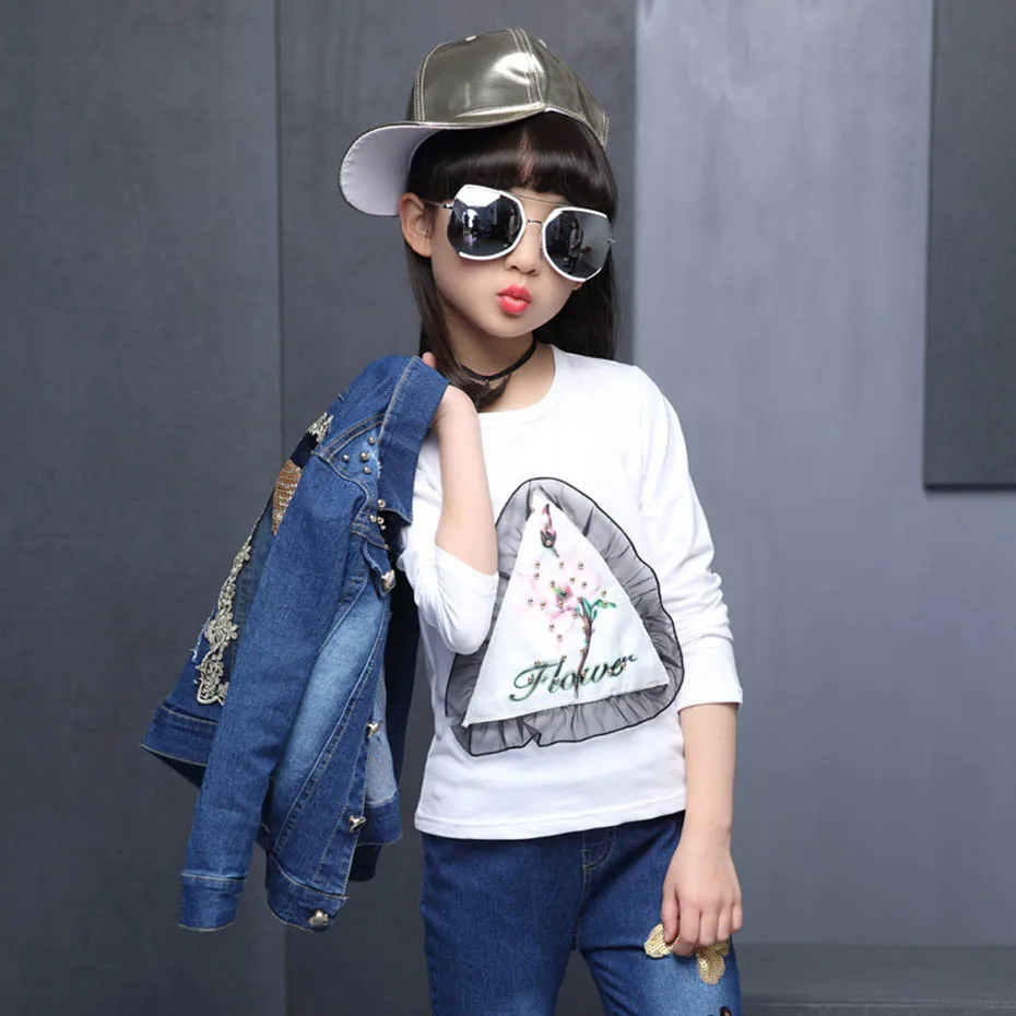 

Kids Clothes Girls Denim Jacket + Jeans + T-shirt 3 Pcs Suit For Girls Butterfly Sequined Girls Clothing Fall Girls Casual Suits