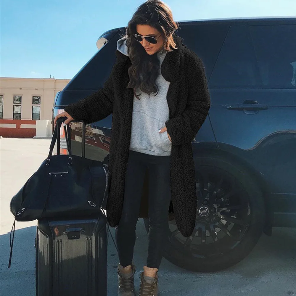 Autumn and Winter Fashion Lapel Pocket Long Sleeve Faux Fur Women's Top Long Coat for Women