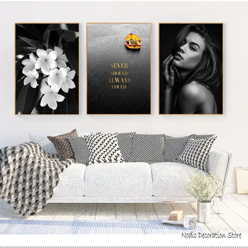 Черно белые стены Wrt цветок плакат девушка Nordic желтый дождь лодка с надписью