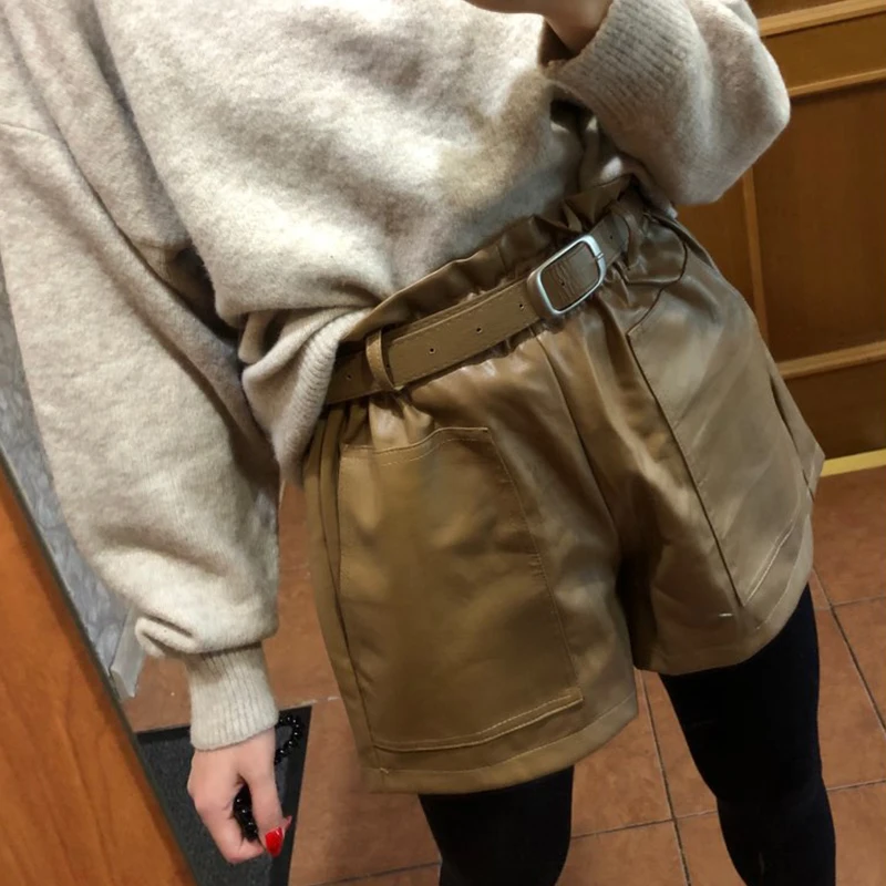 

Fitaylor Summer Women High Waist Shorts A-line Elegant Leather Shorts Bottoms Casual Loose Punk Sashes Wide-legged Shorts