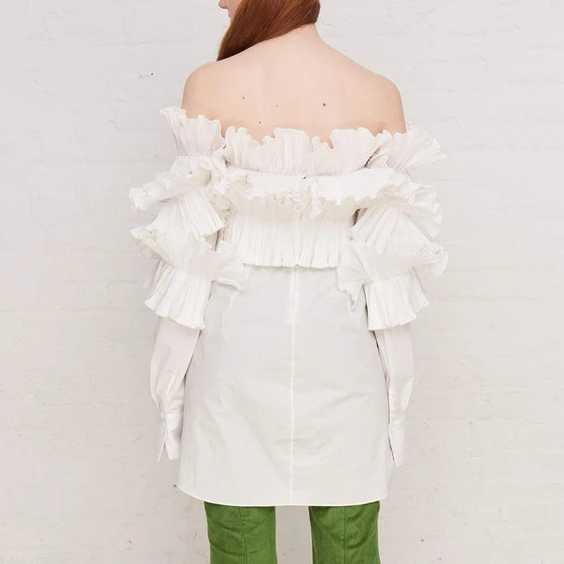 Женская Свободная блузка [EAM] белая с воротником-лодочкой длинными рукавами и