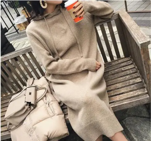 Mooirue Зимний вязаный длинный свитер платье женское Винтажное с капюшоном теплая