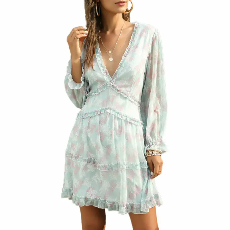 

VICABO Woman Dress Sexy Deep V Neck Women Summer Clothes Long Sleeve A-Line Ladies Dress Print Holiday Casual Elegant Dresses
