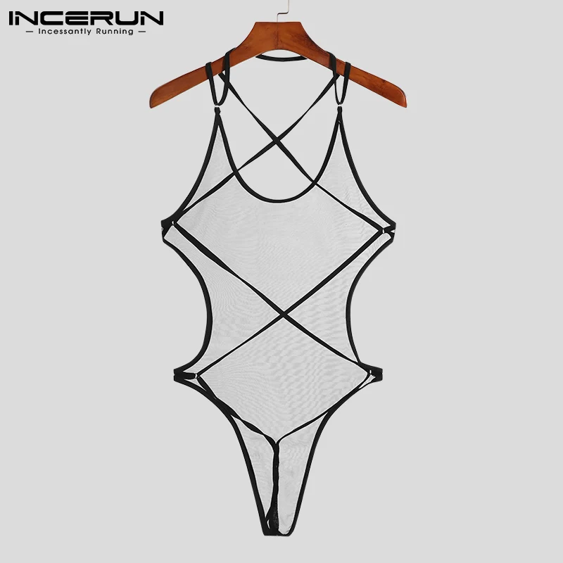 

Men Bodysuits Mesh Patchwork Pajamas Sexy Sleeveless Backless See Through Suspender Rompers Men Underwear Bodysuit S-5XL INCERUN