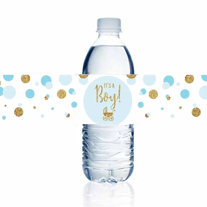 15pcs Light Blue Gold Glitter Boy Baby Shower Water Bottle Label Stickers