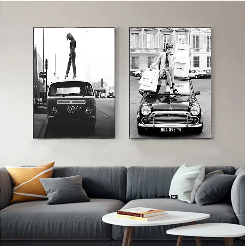 

Vintage Poster Street Art Black White Car Vogue Girl Picture Canvas Painting Wall Art Posters and Prints Pictures for Home Decor