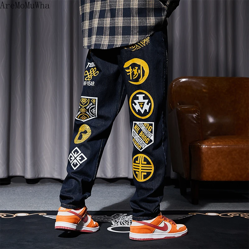 

Spring Printed Jeans Men's Loose Trend All-match Straight Pants Tide Brand INS Korean Wide Leg Casual Pants Hip Hop Mens Jeans