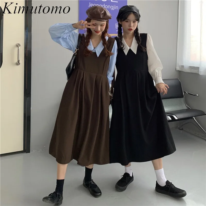 

Kimutomo, корейские женские комплекты 2021, милая Дамская ретро-юбка в студенческом стиле, однотонная Складная юбка, тонкая талия, жилет, длинное п...