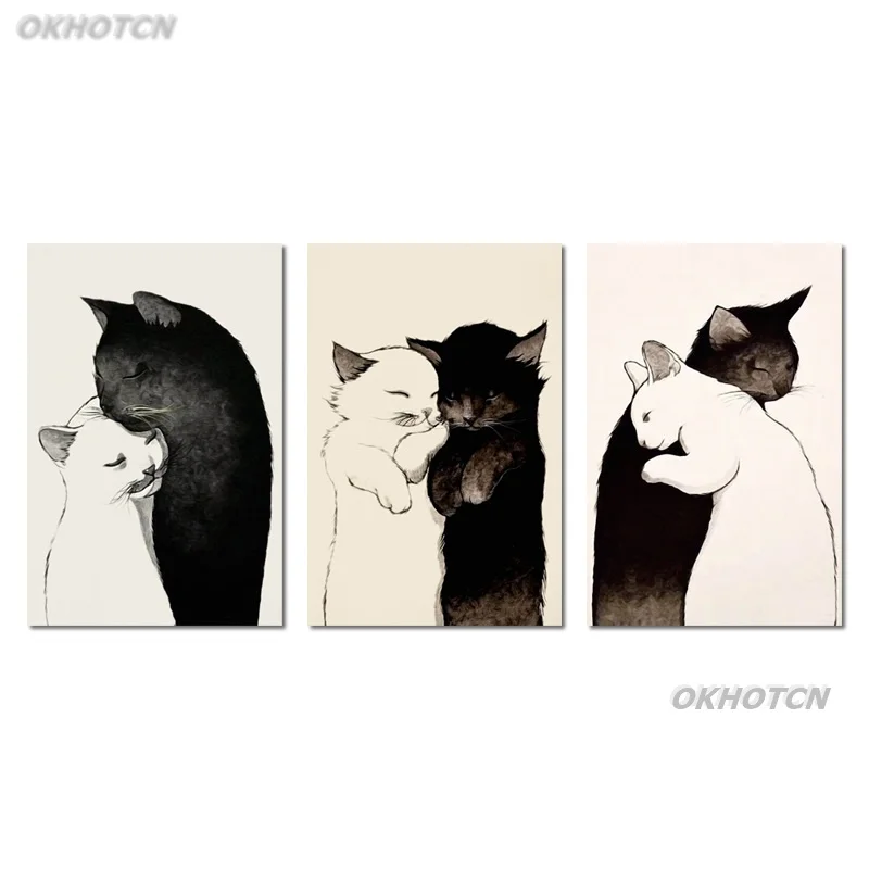

Nordic Style Warm Black And White Cat Canvas Painting Creative Modular Poster And Print Wall Art Living Room Home Decor No Frame