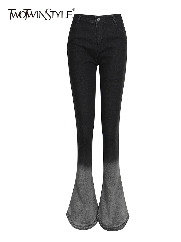 

TWOTWINSTYLE, черные расклешенные брюки для женщин, высокая талия, тонкий цветной подол, полная длина, джинсовые брюки для женщин, 2021, осенняя одеж...