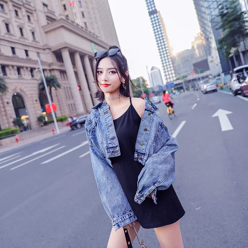 

QNPQYX New Women Denim Jacket Girlfriends Jeans Jackets Coat Autumn Winter Harajuku Oversized Outerwear Batwing Sleeve Pockets