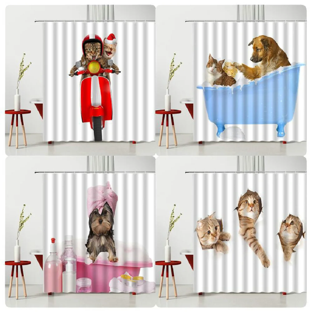 

Creative Funny Animal Shower Curtains Cute Cat Dog Biking Bathing Pet Polyester Home Bathroom Decor Bath Accessories Multi-Size