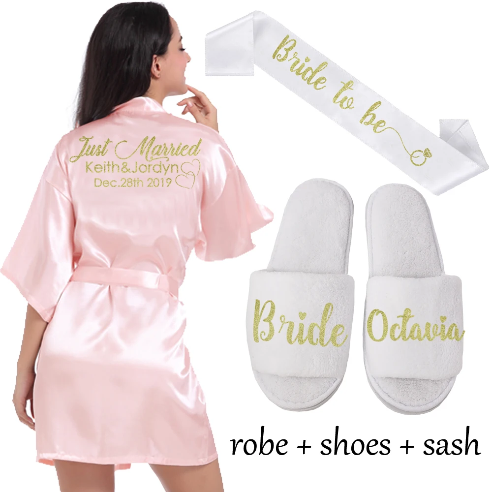 Pink robe shoe sash Индивидуальный Логотип Weddin Дата имя искусственный шелк кимоно халат для женщин Свадебные невесты халаты девичник свадебная одежда - Цвет: Pink robe shoe sash